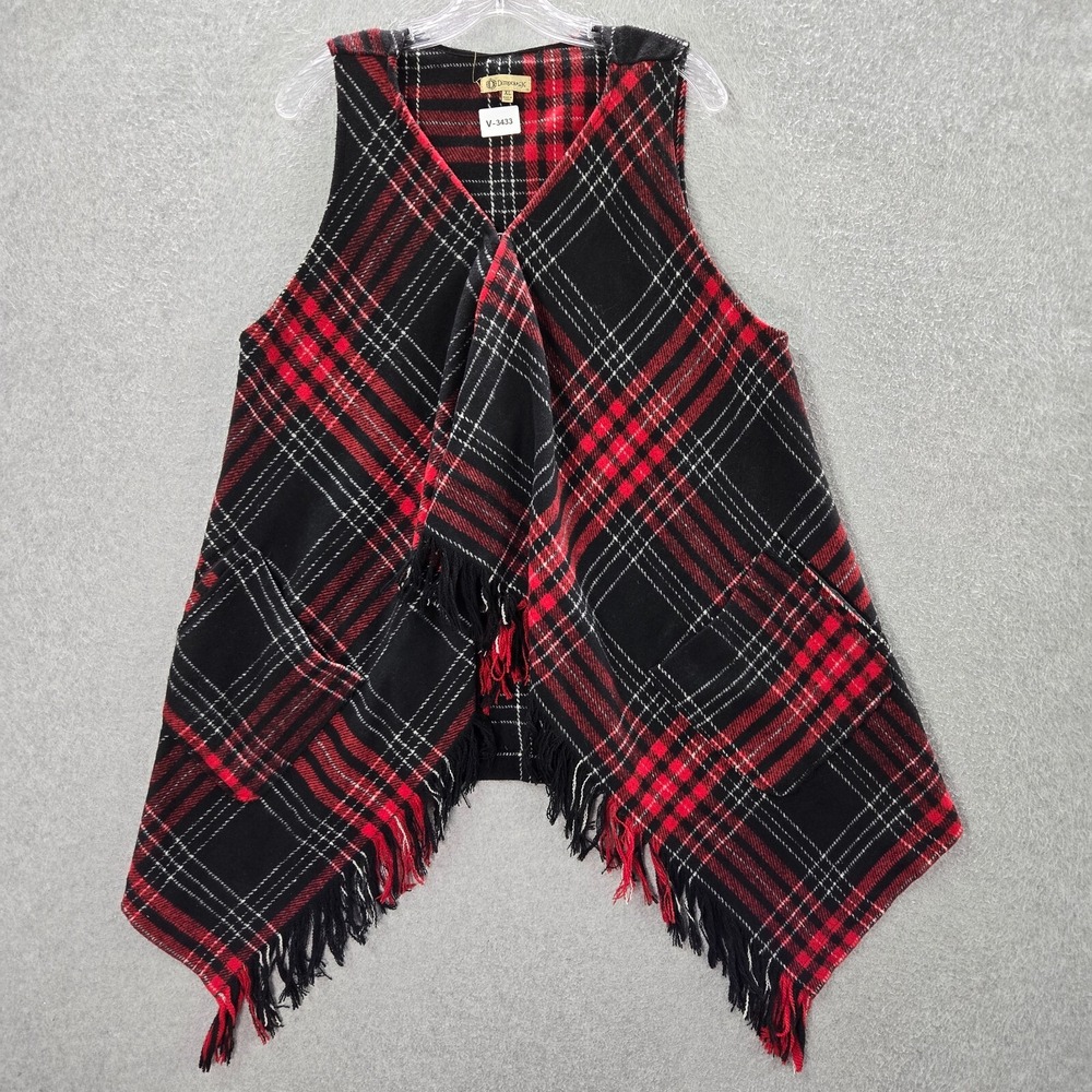 Democracy Women Sweater XL Red Vest‎ Plaid Flannel Fringe V Neck Sleeveless